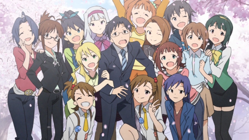 The iDOLM@STER girls crowd around their Producer.